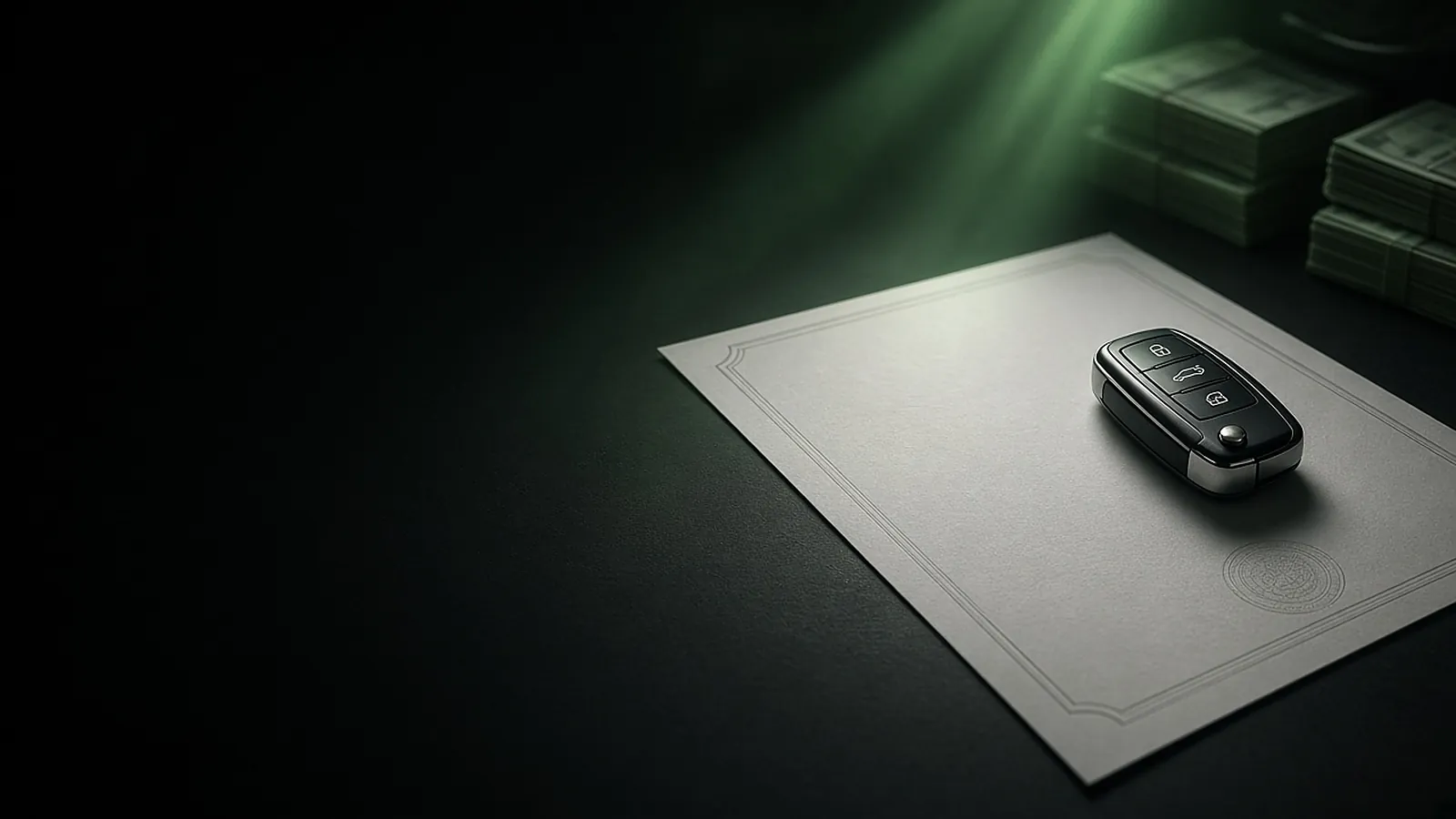 A car key resting on a blank document under a green glow
